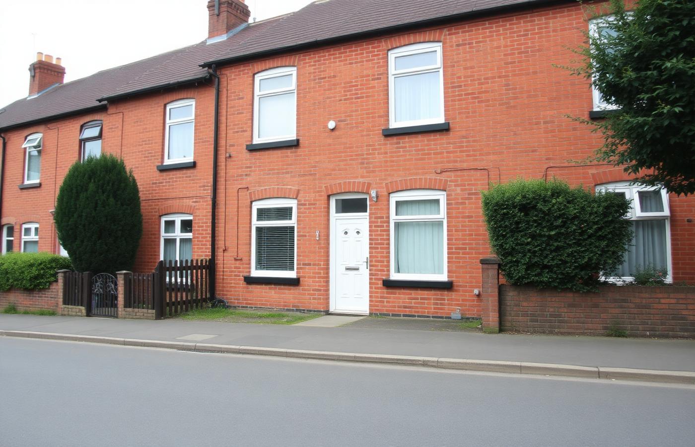 Typical UK red brick terraced house exterior